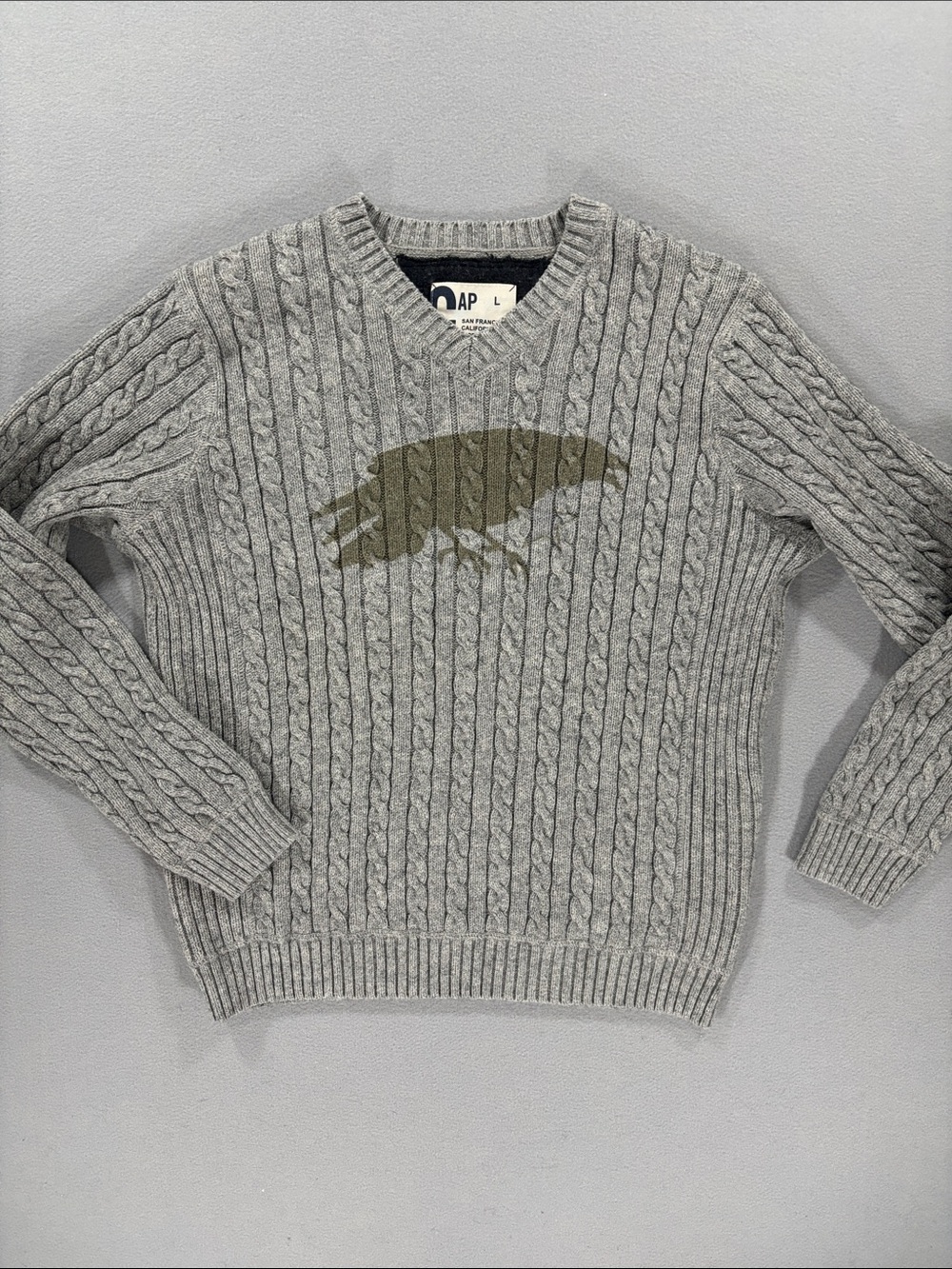 90’s Gap Men's Cable Knit Raven V-Neck Sweater - Light Gray L cotton/wool